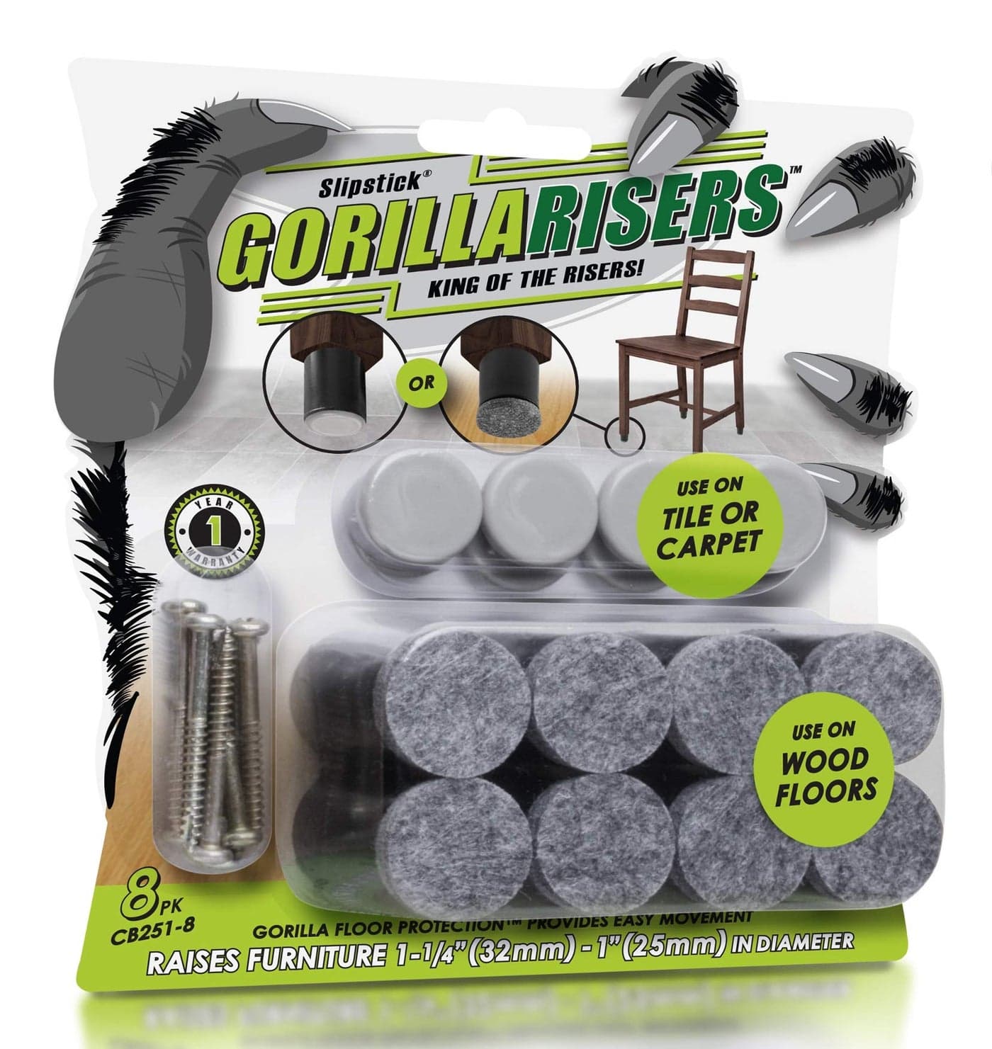 GorillaRisers CB2518 Screw on Furniture Risers 8 Pack Floor Protector Slider Legs Raise Chair or Table Height 114 to 112 Plastic Felt Glide Combo 1 Inch Round Chair Risers