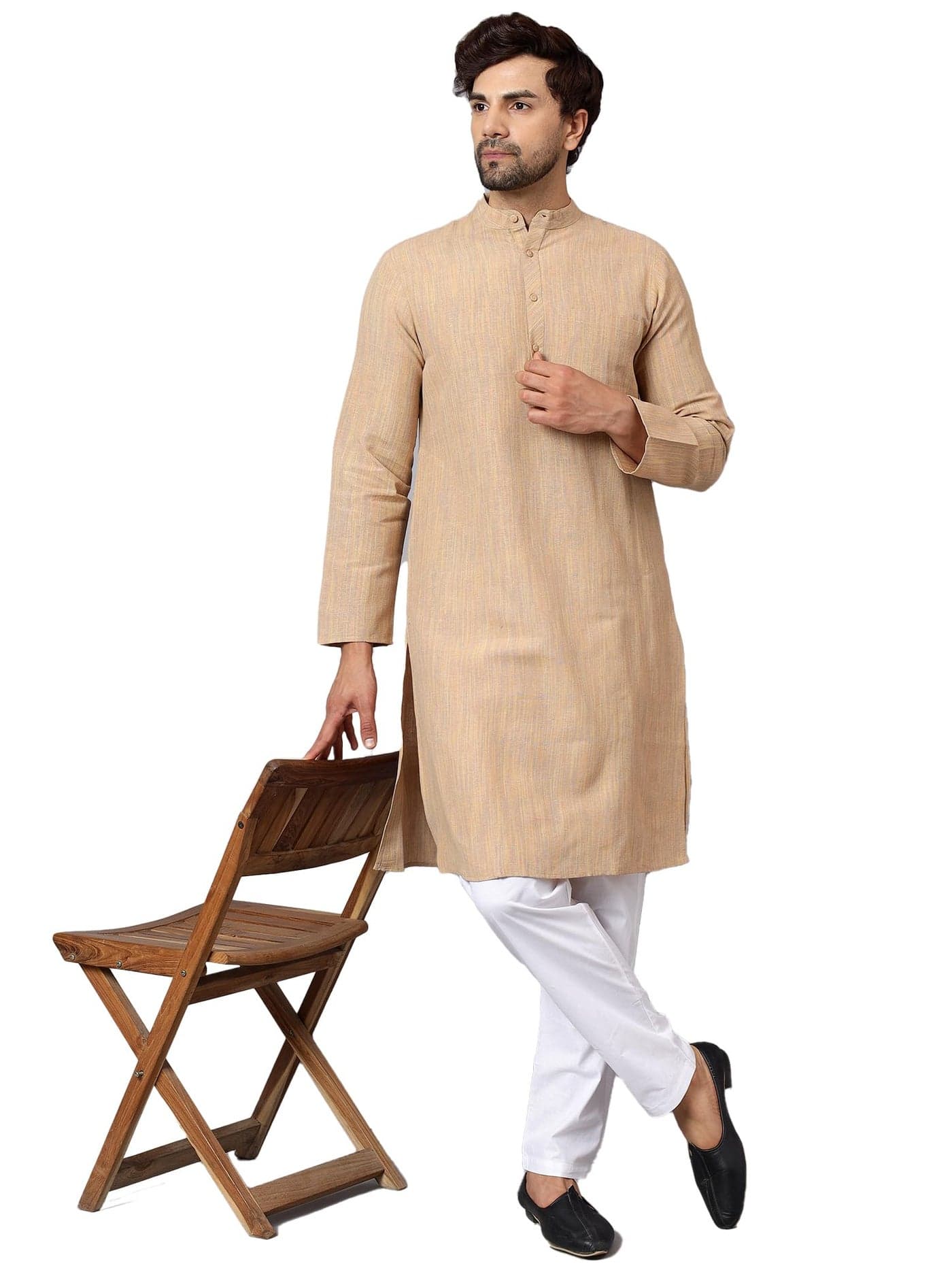 LATEST CHIKAN Men Cotton Regular Fit Long Kurta Full Sleeves - Casual Ethnic Wear,40, Beige