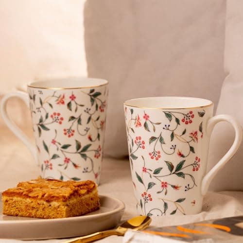 GOLDEN QUEEN'S Mugs Set of 2 for Coffee, Tea, Milk - Ideal for Your Daily Beverage Ritual, Hosting & Casual Gatherings - Leafy Blush & Pink Charm (24K Gold on Rim)