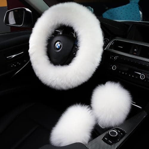 3Pcs Set Fashion Fluffy Fuzzy Wool Fur Soft Car Steering Wheel Cover with Handbrake Cover & Gear Shift Cover for Women/Girls/Ladies Auto Long Wool Accessories, White