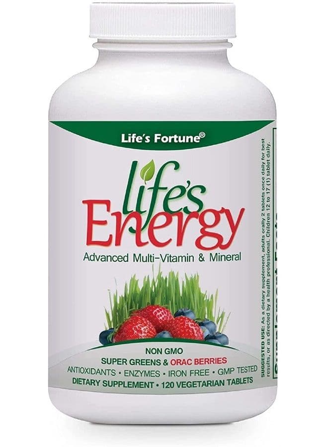 Life's Energy Advanced Multi-Vitamin and Mineral Non-GMO - Super Greens - ORAC Berries - AntiOxidants - Enzymes - Iron Free - GMP Tested, 120 Veggi Tablets