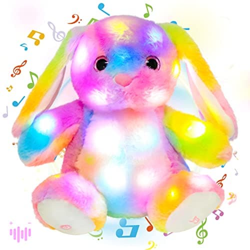 Hopearl LED Musical Stuffed Bunny Colorful Lighting Up Singing Plush Rabbit Adjustable Volume Lullaby Animated Soothe Birthday Festival for Kids Toddlers 10