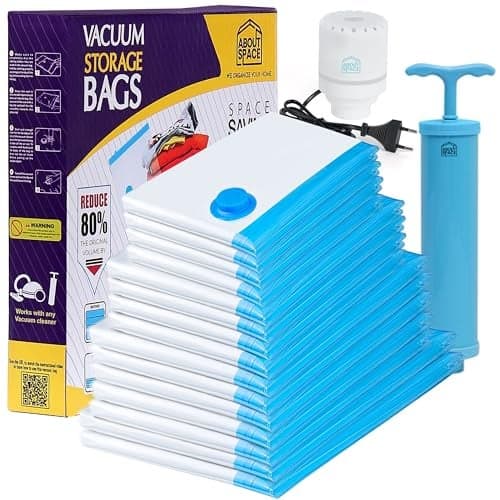 ABOUT SPACE 15 Pack 5-2XJumbo/5Jumbo/4L/4M/ Vacuum Bags for Travel with Hand & Electric Pump | Space Saver Storage Organizer Bag for Clothes, Comforters, Ziplock Airtight Reusable Luggage Bags (Blue)