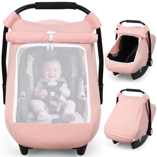 Rquite Car Seat Cover Baby, Carseat Covers Girl Boy, Breathable Muslin Cotton, Large Mesh Window, Infant Car Seat Canopy Baby Carrier Cover Stroller Sun Shade for Summer & Hot Day, Pink