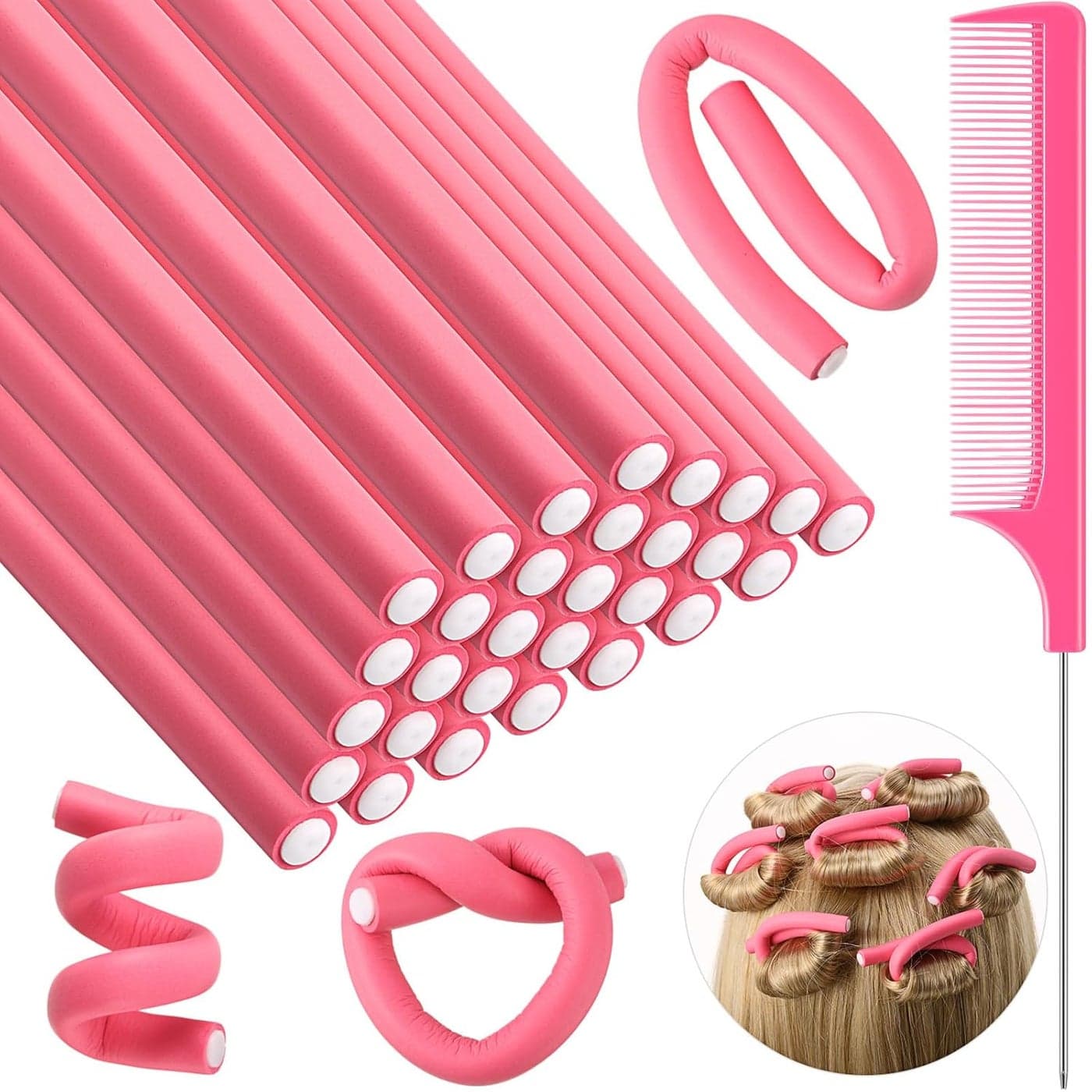 Syhood 30 Pcs 7 Flexible Curling Rods Twist Foam Hair Rollers Soft Foam No Heat Hair Rods Rollers and 1 Steel Pintail Comb Rat Tail Comb for Women Long Short HairPink7 x 047 Inch