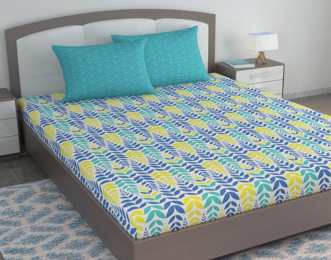Divine Casa Cotton 144 TC King Size Bedsheet with 2 Pillow Covers | 222 By 270 cm | Blue & Yellow | Floral