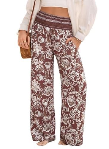 Dokotoo Baggy Pants Travel Dressy Flowy Pants Wide Leg Plus Size Trendy High Smocked Waist Boho Floral Pants for Women 2025 Summer Fashion Outfits Clothes Palazzo Brown