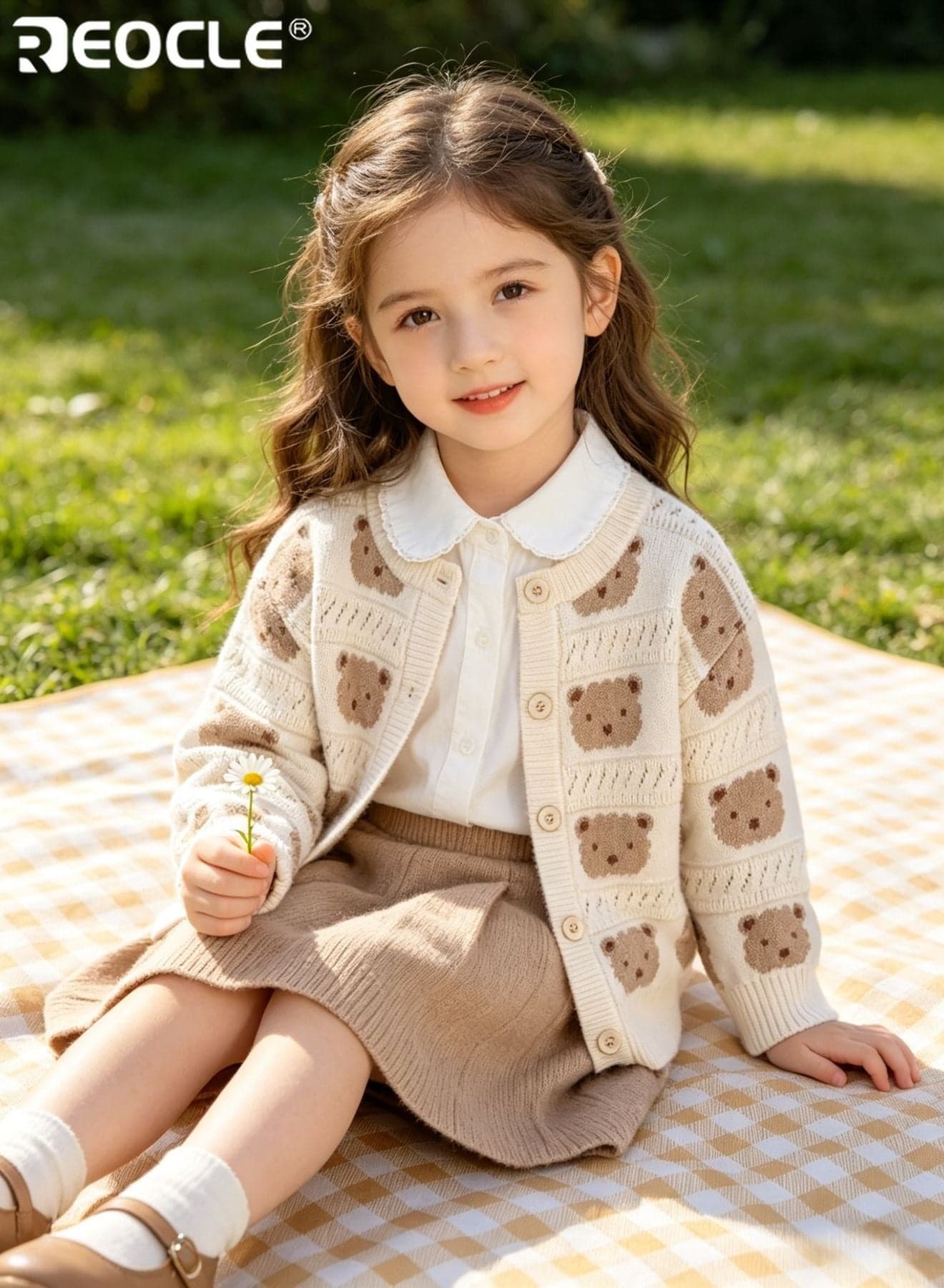 Kid's Bear Sweater with Core-Spun Yarn and Cartoon Design Cardigan with Soft Comfort for Autumn Spring Fashion