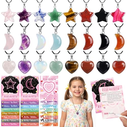 Kigeli Valentines Day Gifts for Kids 24 Pack Heart Gemstone Necklace Kit Natural Crystal Pendants DIY Jewelry Set for School Classroom Exchange Goodie Bags Valentine Party FavorsRomantic