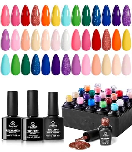 beetles Gel Polish Set 23pcs Rainbow Gel Nail Polish Pink Orange Green Red Glitter Color with Base Glossy and Matte Top Coat Manicure Kit Shoujo Manga Soak Off Uv Led Gifts for Women