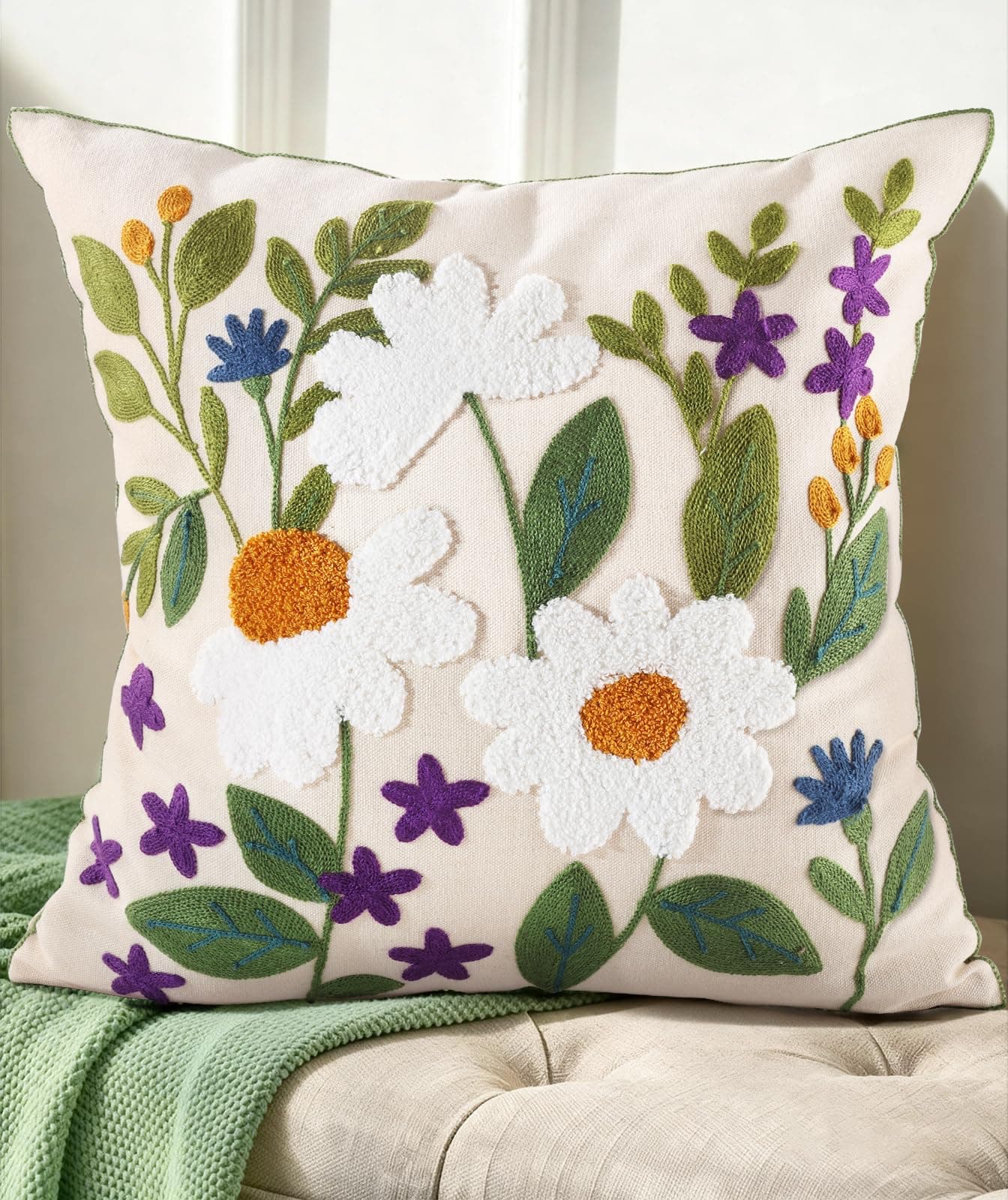 Kokaaee Spring Pillow Cover 18x18 Inch – Embroidered Summer Throw Pillow Cover Green Leaves Daisy Farmhouse Decorative Cushion Case with Hidden Zipper Decoration for Couch, Sofa, Living Room(1 Pack)