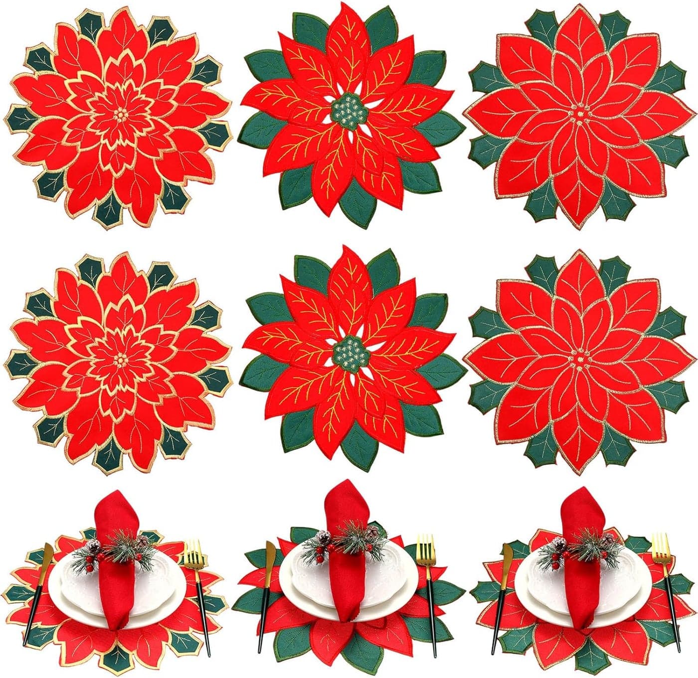 6 Pcs Christmas Poinsettia Embroidered Placemats Double Layer Doilies Table Mats Red Flower Applique for Xmas Home Dining