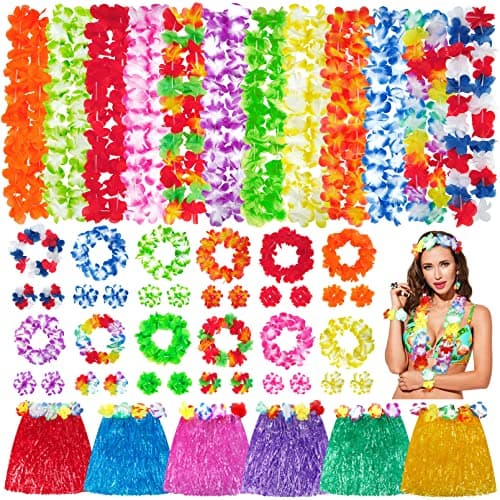 Hawaiian Leis Luau Party Decorations Set 54Pcs Hawaiian Luau Party Supplies Flower Leis Necklaces Headbands Wristbands Grass Hula Skirt Lays Tropical Summer Beach Birthday Holiday Party Favors