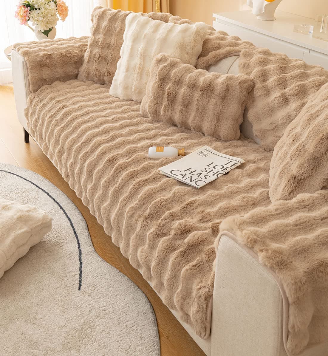XSlive Soft Warm Faux Fur Couch Sofa Cover Thick Shaggy Fuzzy Sectional Couch Cover Non-Slip Solid Color Plush Sofa Slipcover Furniture Protector for Kids, Pets (Coffee,28"x35")