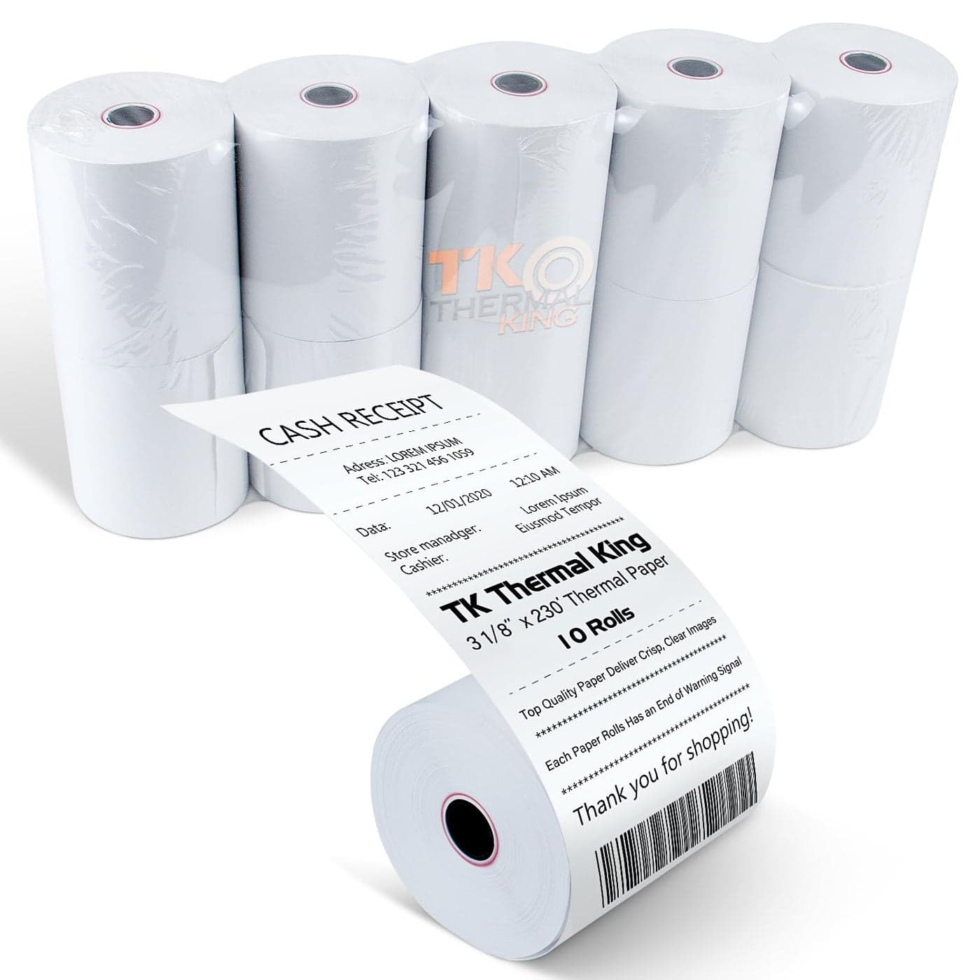 TK Thermal King, (10 Rolls) 3 1/8" 230' feet White Thermal Paper Cash Register POS Receipt, Fits All Credit Card Terminal Printing Credit Card Paper Point Of Sale Cash Register White
