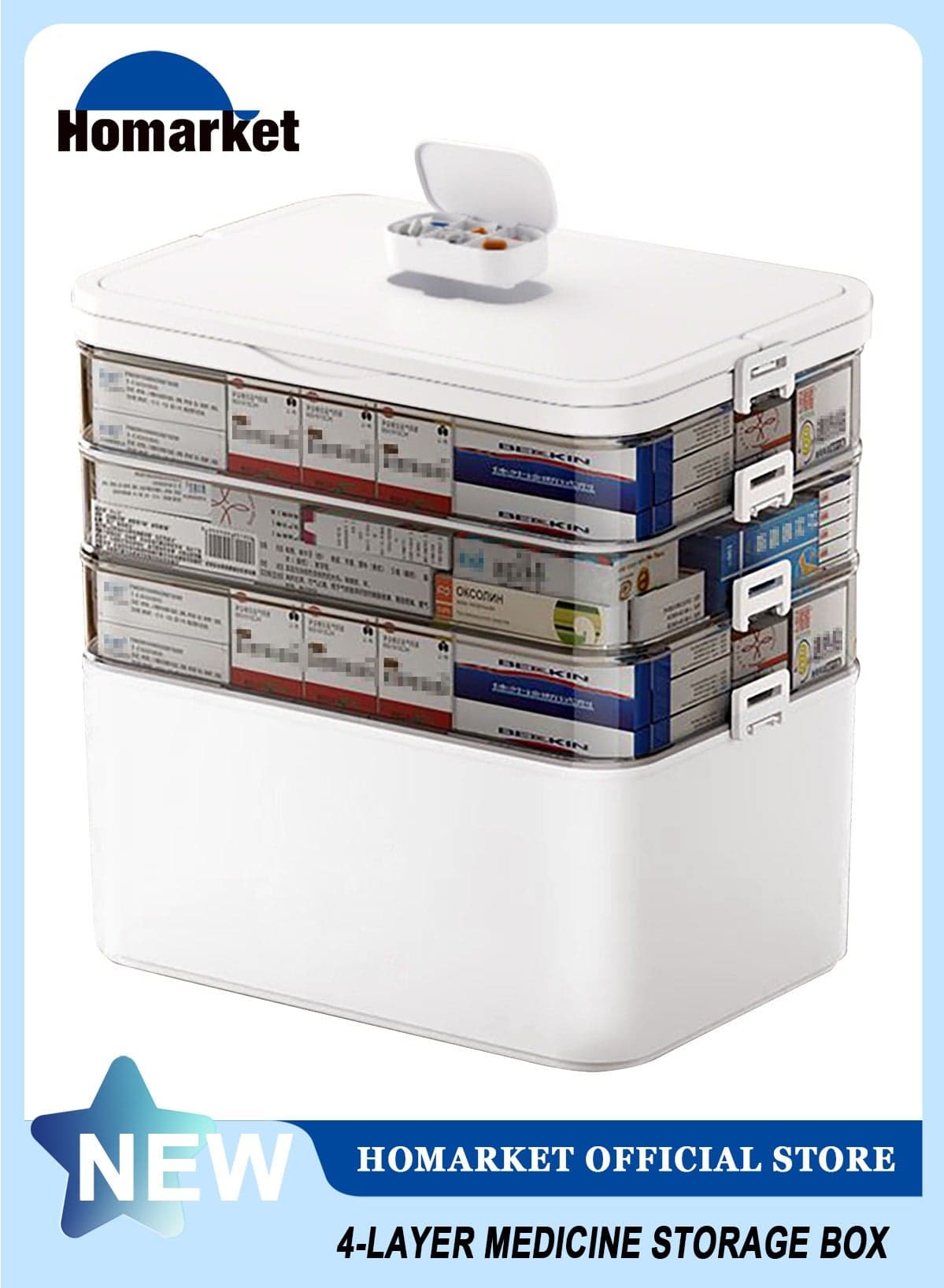 4-Tier Medicine Storage Box, Portable Medicine Cabinet, Portable First Aid Kit Container, Multipurpose Plastic Organizer with Handle for Home, Travel, Family Emergencies