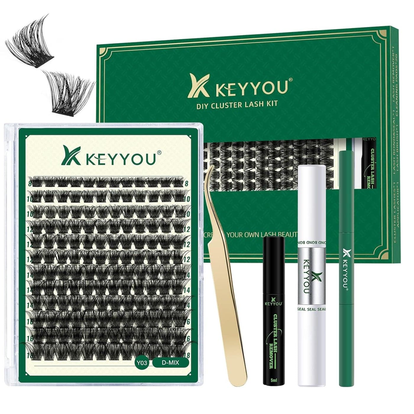 DIY Lash Extension Kit KEYYOU 144pcs Lash Clusters Eyelash Extension Kit with Mascara Brush Bond and Seal Lash Glue Remover Lash Applicators Lash Brush Clean Pad for DIY Lash Extensions (Y03 Kit)