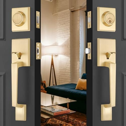 Gold Double Door Handle Set Front Door Lock Set with Deadbolt Front Door Handle for Exterior Door Keyed Entry Door Lever Left Right Doors Reversible Front Door Hardware Satin Brass Finish
