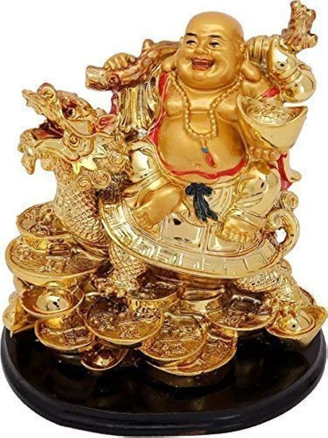 GJ Resin Laughing Buddha On Dragon For Money And Health And Good Luck, Pack of 1 (Gold)