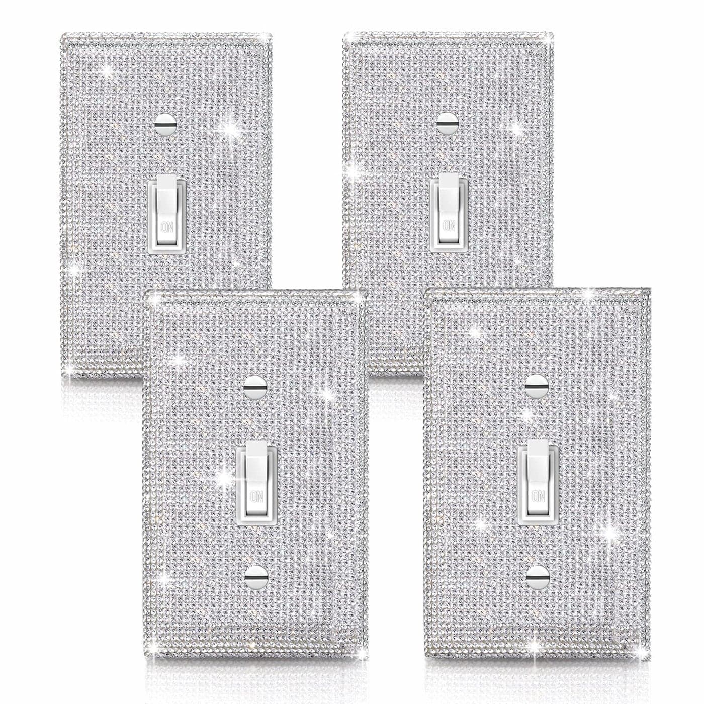 4 Pcs Silver Shiny Silver Rhinestones Wall Plate 1 Gang Toggle Light Switch Cover Decorative Durable Switch Covers