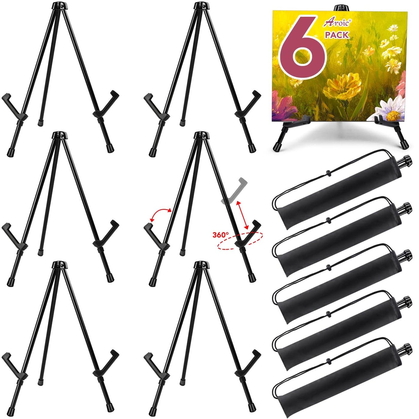 AROIC 6 pack 14 Tabletop Easels Black Steel Table Top Easels for Display Adjustable Portable Table Top Easel for Paintings Signs PostersFrame Pictureswith 6 Bags