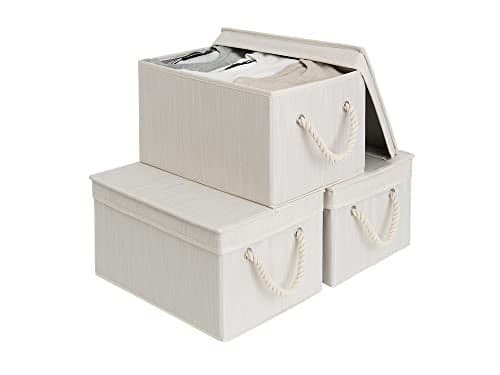 StorageWorks Storage Bins with Lids, Decorative Storage Boxes with Lid and Soft Rope Handles, Foldable Storage Baskets for Closet, Shelves, Stackable, 3-Pack, Ivory and White, Large