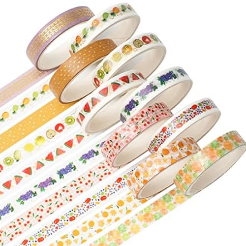 YUBBAEX 10 Rolls Sparkling Washi Tape Set 8mm Skinny Gold Foil Decorative Masking Washi Tapes for Bullet JournalScrapbook Planner DIY Crafts Various Fruits