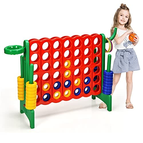 COSTWAY Jumbo 4toScore Giant Game Set for Kids Adults 25Ft Indoor Outdoor Game Set with Basketball Hoop Ring Game 42 Jumbo Rings QuickRelease Slider Perfect for Holiday Party Green