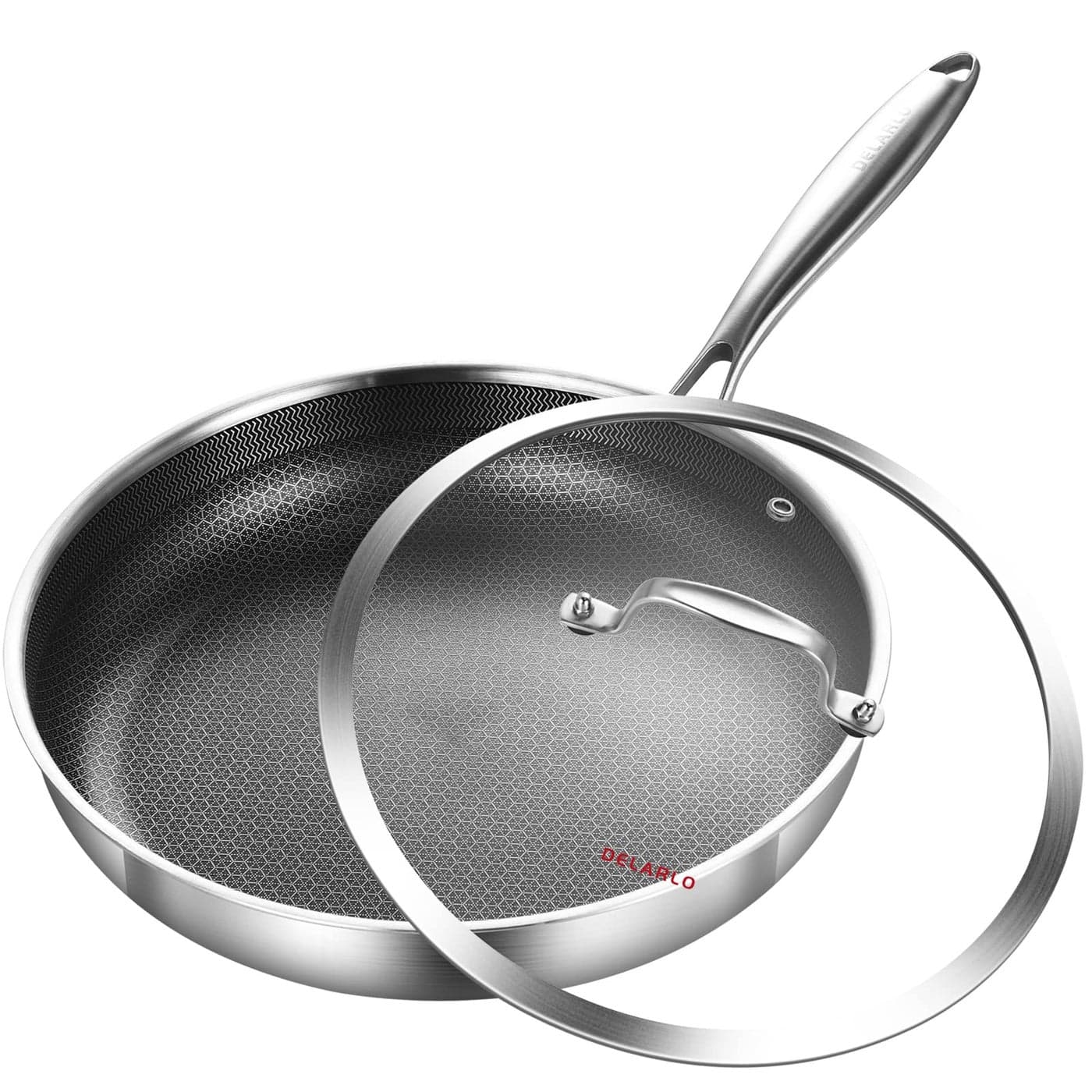 DELARLO Whole body TriPly Stainless Steel Hybrid 12 inch Frying Pan With Lid Nonstick Oven safe induction skilletSuitable for All Stove Detachable Handle