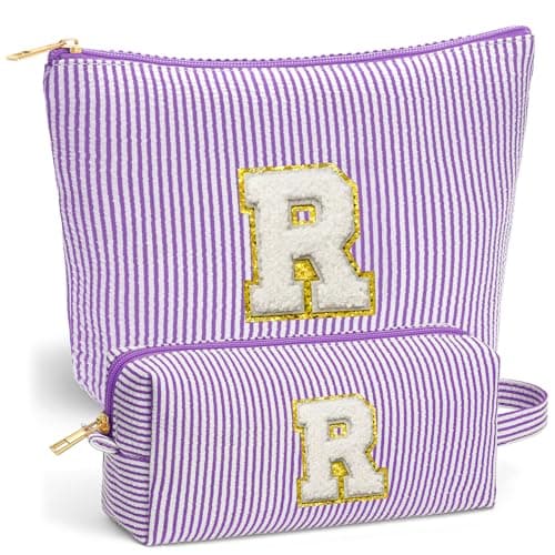 Fohufo Initial Makeup Bag for Women Toiletry Bag Portable Cosmetic Bag Make up Kit Pouch Travel Essentials Cute Makeup Bag Birthday Gifts for Women Purple Letter R