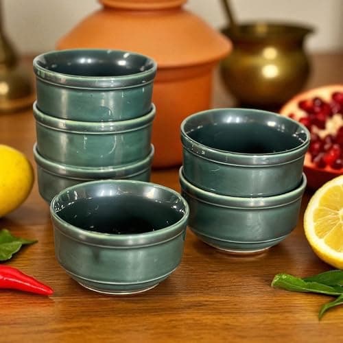 Backspace Retail Hand-Painted Ceramic Soup Bowls Set of 6 | Studio Green Bowls, 350ml Each | Ideal for Serving Soup, Maggi, Snacks Dessert | Microwave and Dishwasher Safe