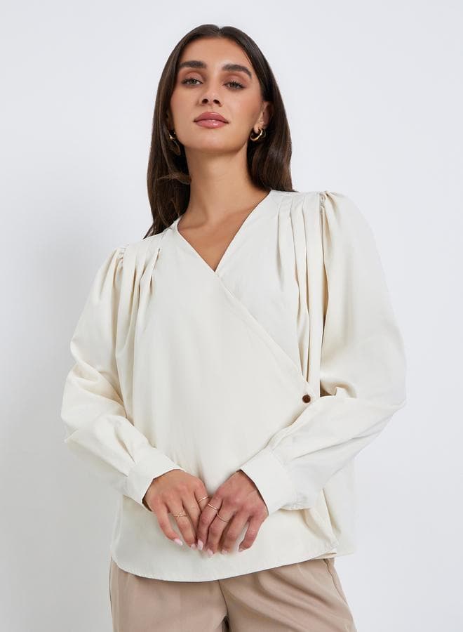 Women Beige Pleated Wrap Top — M