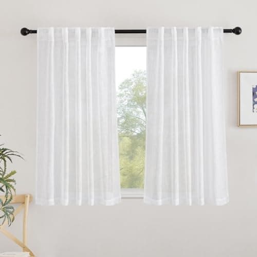 NICETOWN White Faux Linen 48 inch Curtains for Cafe, Rod Pocket & Back Tab Linen Weave Window Treatments Privacy with Light Filtering Semi Sheer Curtains for Kitchen, W42 x L48, 2 Panels