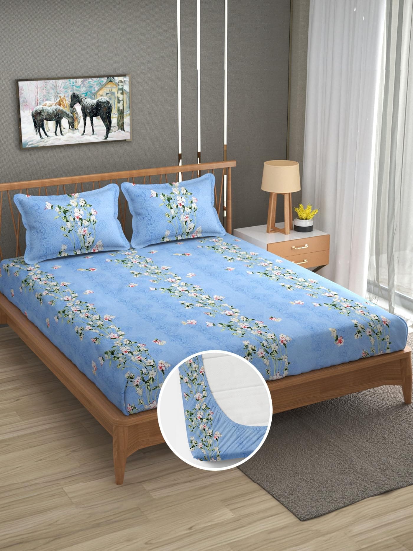 Furnofy 140 GSM Elastic Fitted King Size & Double Bedsheet (78x72 inches with 6-8" Pocket) + 2 Pillow Covers – Floral Print – Soft Cotton – Blue