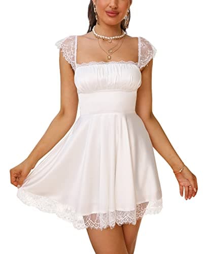 EYNMIN Women's Satin Lace Strap Mini Dress Square Neck Flowy A-Line Ruffle Swing Casual Short Dresses White S