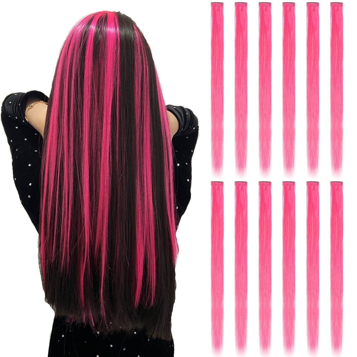 12PCS Colored Hot Pink Hair Extensions Straight Multicolor Clip In 20 Inch Rainbow KidsWomens Gifts HalloweenChristmas Parties Highlights