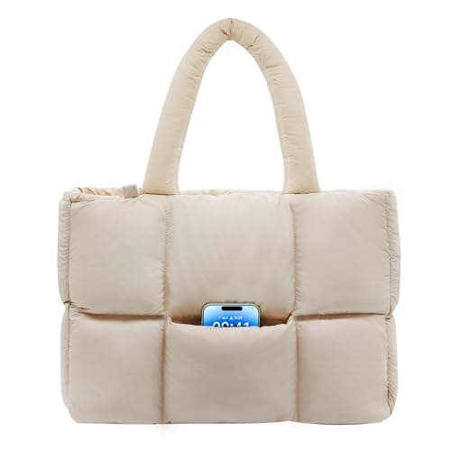 NAARIIAN Women puffer big tote bag Cotton padded handbag Lightweight Soft puffy Dupes(Beige XL)
