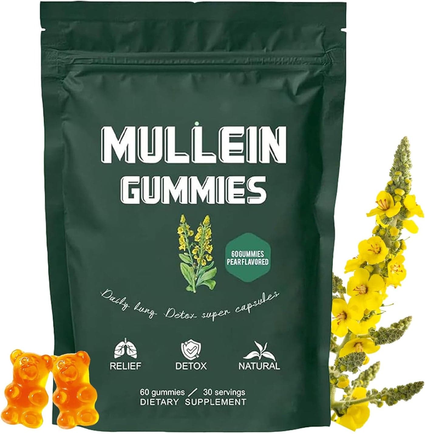 Mulleva Mullein Gummies Daily Respiratory Health Gummies1000mg Mullein Leaf herb Extract Pear Flavor Lung Health Sinus Relief 30 Day Supply