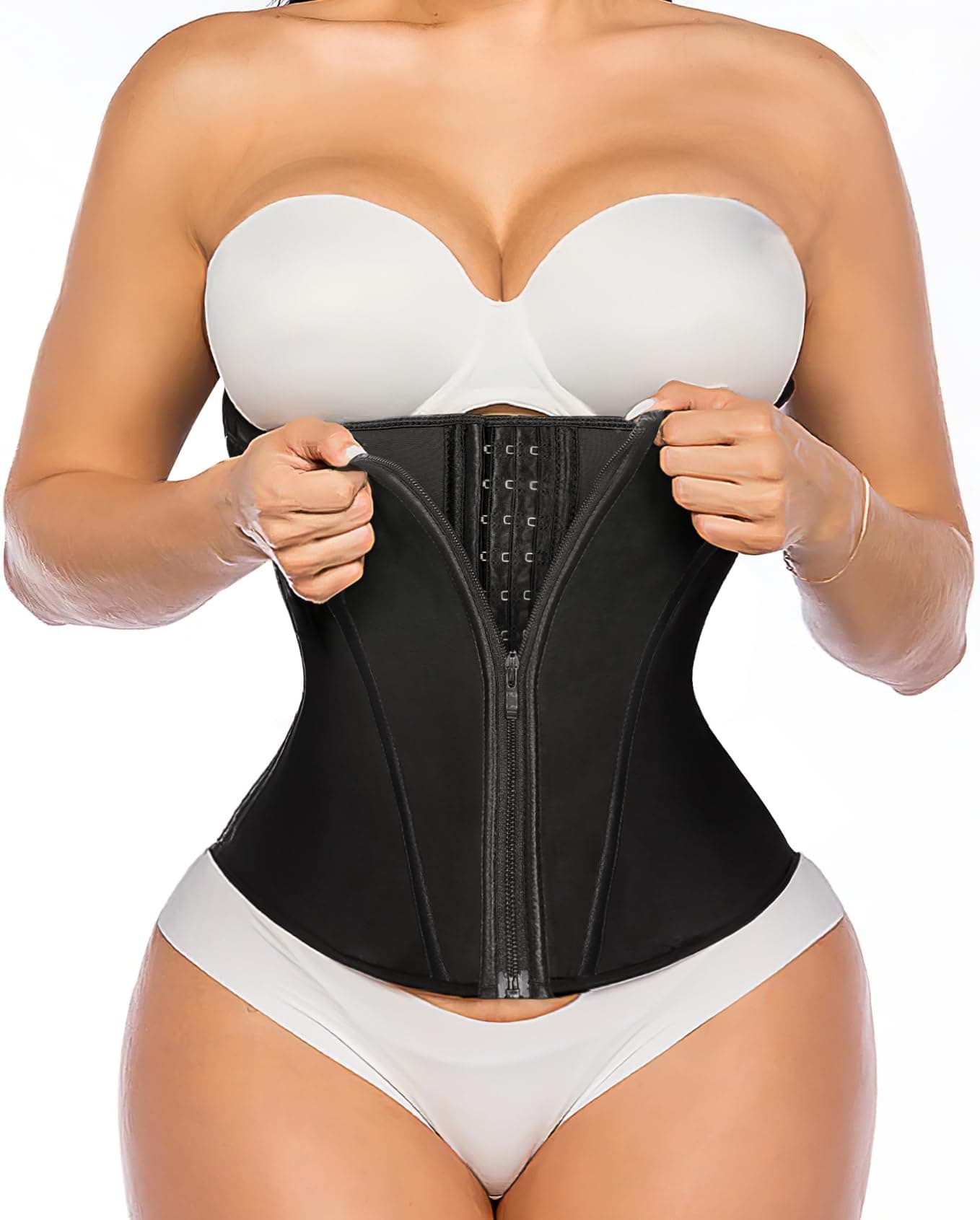 YIANNA Waist Trainer for Women Latex Underbust Tummy Control Waist Cincher Corset Hourglass Body Shaper Zipper and Hooks,YA2231-Black-XS