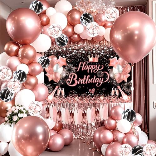 YinQin 80 PCS Rose Gold Happy Birthday Balloons Set with Photo Background Backdrop Banner Cloth Pink Gold Bday Party Balloon Decoration Gliter Rose Golden Happy Birthday Party Supplies for Girl Women