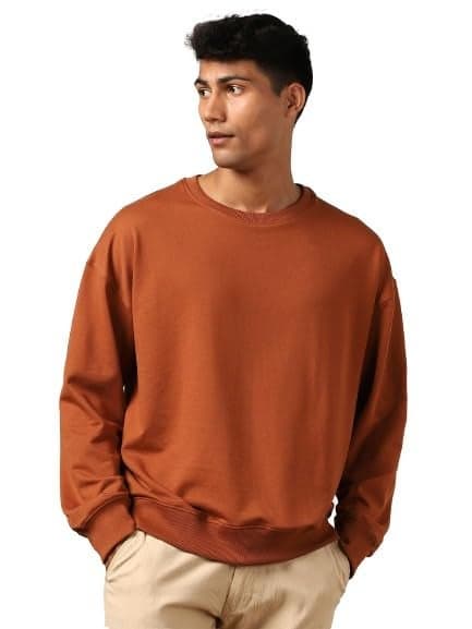 NOBERO Men's Cotton Blend Crew Neck Oversized Fit Sweatshirt (1M-TWSS-R0005_Mocha Bisque (X_Large)