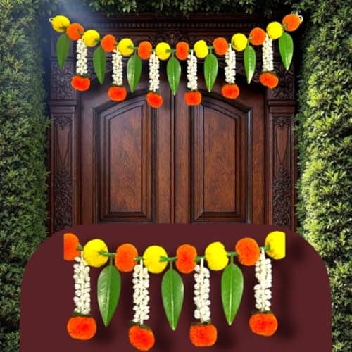 Rajasthan Kraft Artificial Marigold Bandanwar with Jasmine and Mango Leaf – 40 Inch Yellow & Orange Door Toran for Entrance, Home, Festive & Housewarming Decor