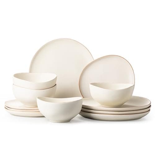 Dafuceramic Stoneware Dinnerware Set for 4, 12 Piece Plates and Bowls Set with Glazed Rim,Chip & Scratch Resistant Plates Sets, Dishwasher Microwave Safe Dishes (Light Beige)