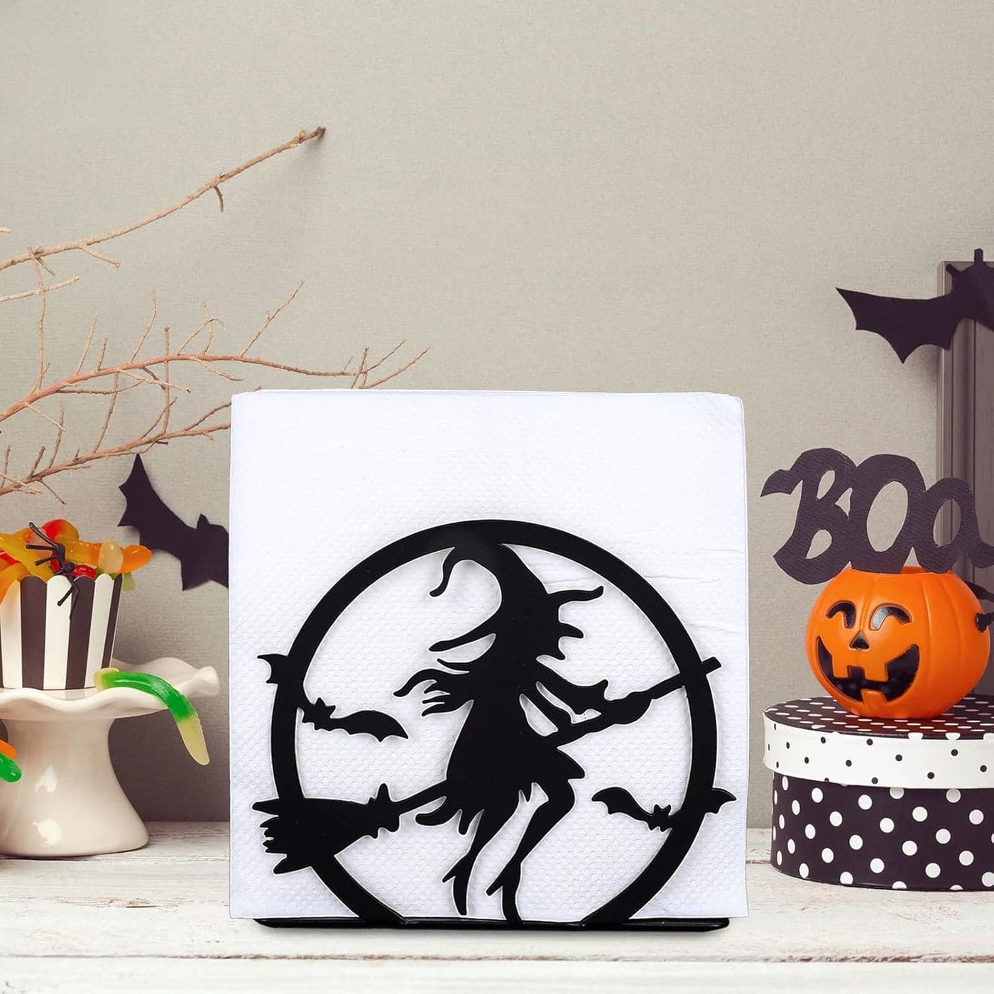 Whaline Matte Black Metal Halloween Napkin Holder Hocus Pocus Design Freestanding Tissue Dispenser Vertical Tabletop Napkin Holder for Square Paper Napkin Dinner Home Kitchen Restaurant Picnic Party