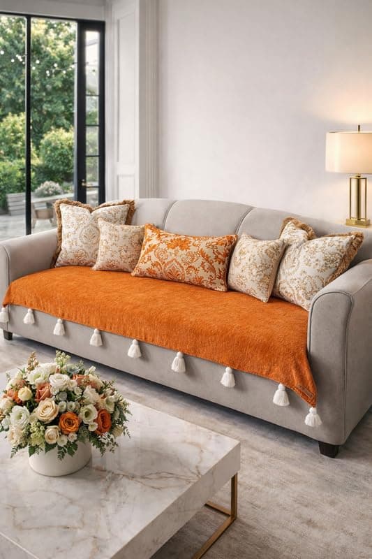 Orange 3 Seater Sofa Cover with Tassels for Living Room| Throw Pillow Three Seater Anti-Slip 3 Seater with Tassels|Sofa Throws for Fits 3 Seater Sofa Seat Tassel Sofa Throw