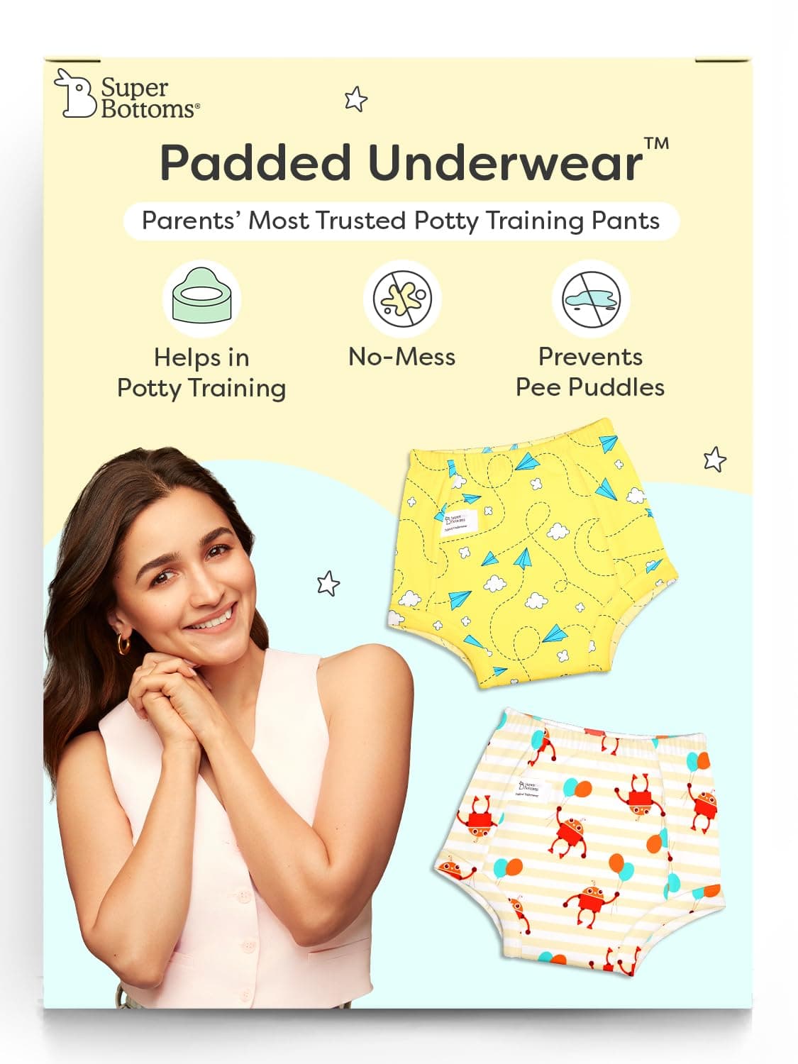 SuperBottoms Padded Underwear™ | For Potty Training & Mess-Free Diaper-Free time | Prevents Pee Puddles | 3 layers of Premium Cotton Padding (No sponge) | Pull-up style Potty Trainers (Size: 2)