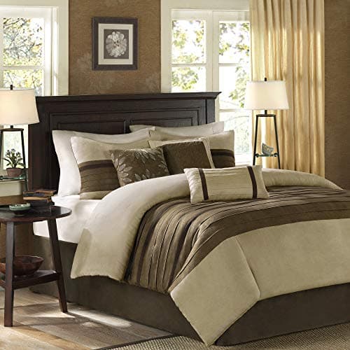 Madison Park Palmer Comforter Set Faux Suede Design Striped Accent All Season Down Alternative Bedding Matching Shams Decorative Pillow Bed Skirt King 104 in x 92 in Natural 7 Piece