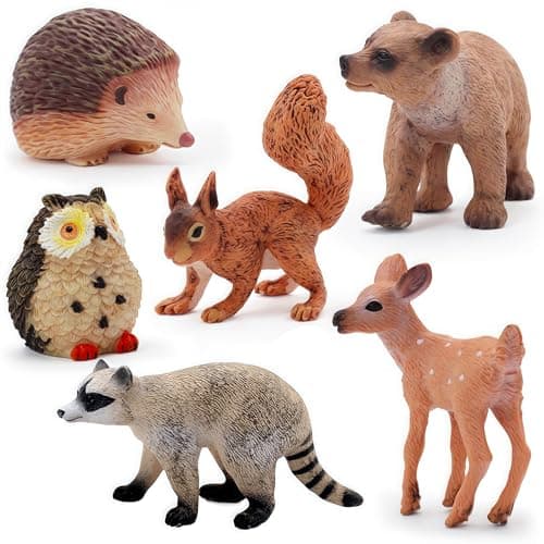 GeminiGenius Woodland Animal Toys 6Pcs Forest Animal Toy Figures with Bear Hedgehog Deer Raccoon Squirrel and Owl North American Wildlife Great Cake Toppers for Baby Shower and Gifts for Kids
