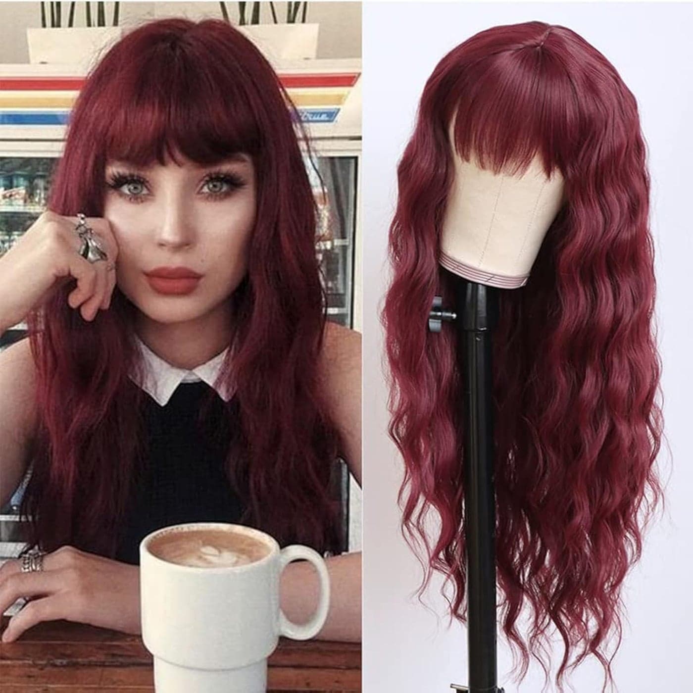 QDTizer Burgundy Color Loose Wave Hair Replacement Wigs with Bangs Heat Resistant Wine Red Hair Synthetic None Lace Wigs for Fashion Women 24 Inch