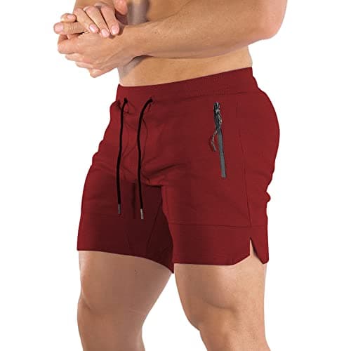 PIDOGYM Men's 5" Gym Workout Shorts,Fitted Jogging Short Pants for Bodybuilding Running Training with Zipper Pockets Wine Red